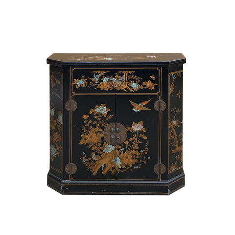 Oriental Black Veneer Flower Birds Graphic Slim Side Table Cabinet cs7800S