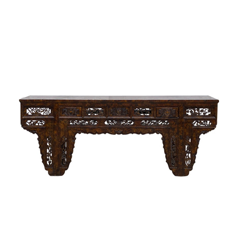 Vintage Chinese Brown Wood Open Flower RuYi Carving Apron Altar Console Table cs7802S
