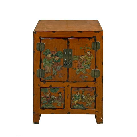 Chinese Distressed Orange People Graphic End Table Nightstand cs7806S