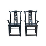 Pair Vintage Chinese Rustic Black Lacquer Deer Motif Yoke-Back Armchairs cs7807S