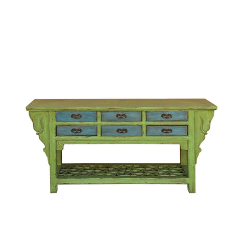 Distressed Lime Green 6 Blue Drawers Open Pedestal Sideboard Console Cabinet cs7823S