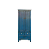 Oriental Dark Teal Blue Narrow Wood Detail Door Drawers Storage Cabinet cs7824S
