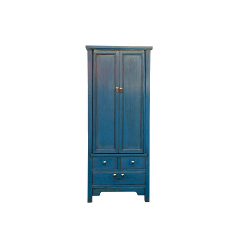 Oriental Dark Teal Blue Narrow Wood Detail Door Drawers Storage Cabinet cs7824S