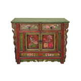 Chinese Distressed Red Green Flower Sideboard Credenza Cabinet cs7825S