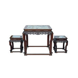 Vintage Chinese Square Marble Top 2 Stools Tea Table Set cs7828S