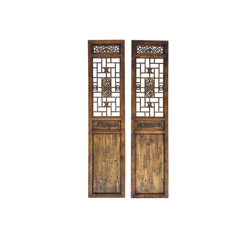 Pair Vintage Tall Flower Bird Geometric Pattern Raw Wood Door Panels cs7830S