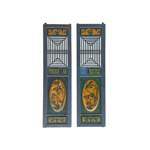 Pair Vintage Chinese Teal Blue Yellow Fujian Style Graphic Wood Wall Door Panels cs7836S