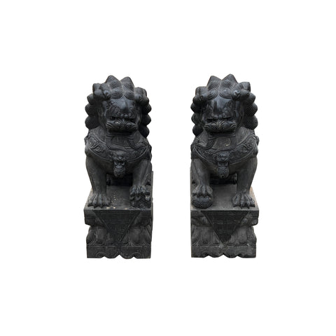 stone Foo dogs - black stone asian lion statue - Chinese Zen garden lion statue