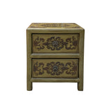 olive green end table - copper color floral graphic - 2 drawers nightstand