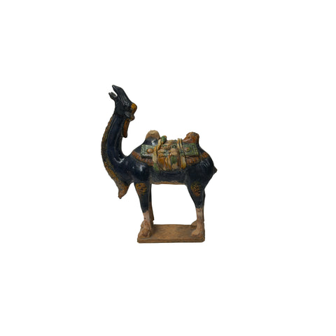 Oriental Ceramic Sancai Dark Blue Brown Beige Fengshui Artistic Camel Figure GB882S