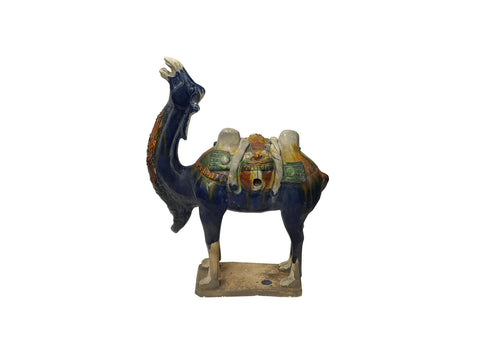 Oriental Ceramic Sancai Dark Blue Brown Beige Fengshui Artistic Camel Figure GB883S