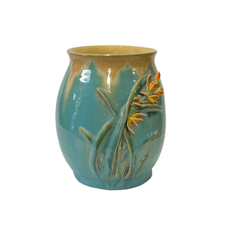 turquoise tan ceramic vase - handmade small art vase