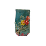 dimensional flowers vase - turquoise teal glaze ceramic vase - handmade art pottery vase