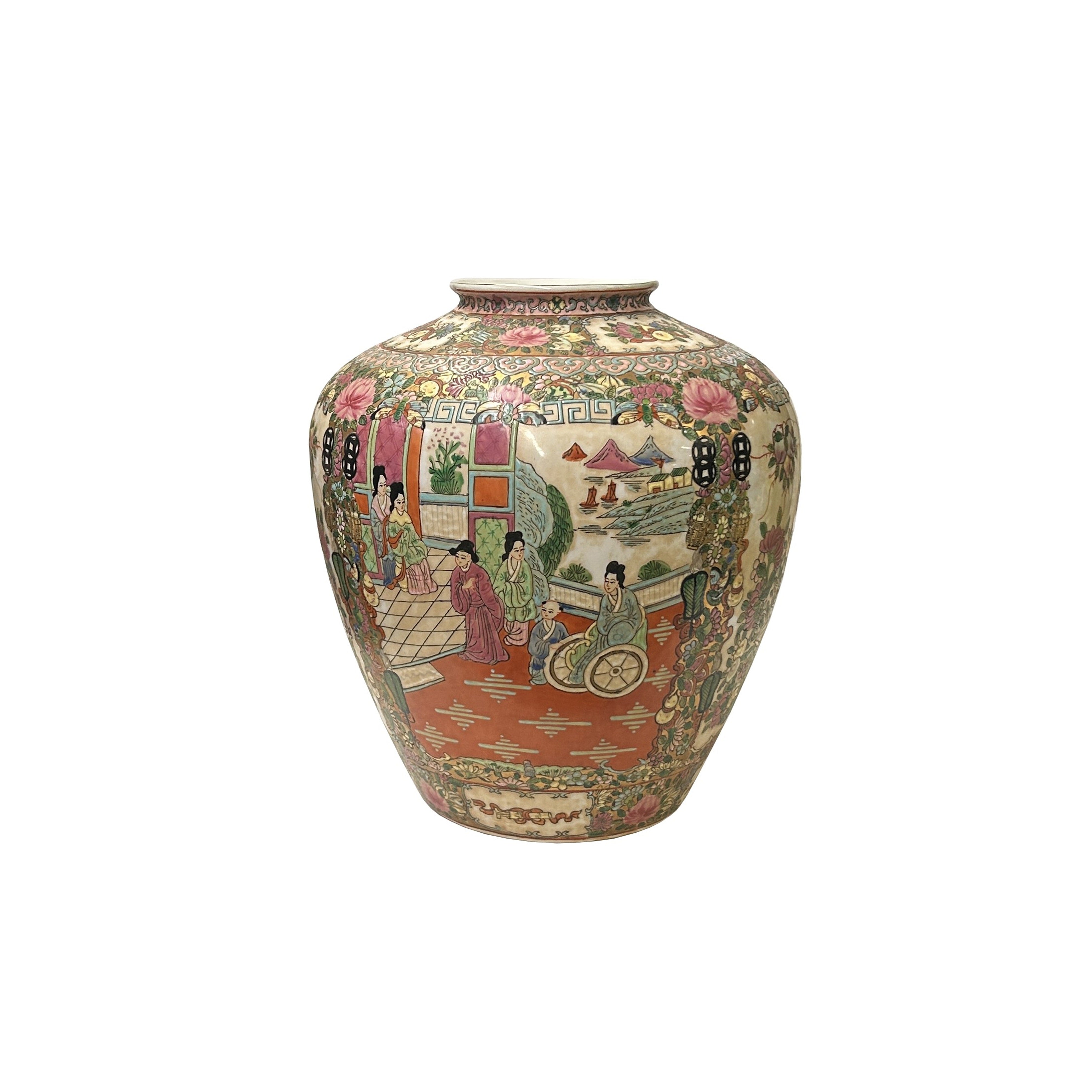Vintage Chinese Pink Peonies Round White Porcelain Pot Vase ws4526S Vintage Chinese Pink Peonies Round White Porcelain Pot Vase ws4526S