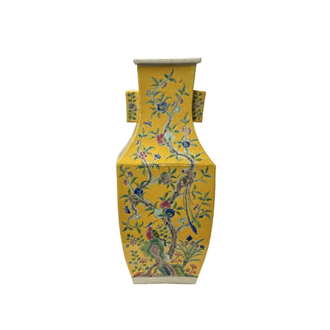 Hand Crafted Vintage Chinese Bright Yellow Flower Birds Porcelain Vase JK196S
