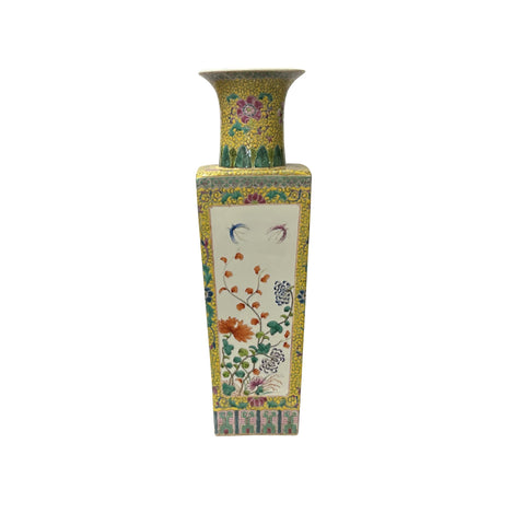 Hand Crafted Vintage Chinese Yellow White Flower Birds Porcelain Vase JK197S