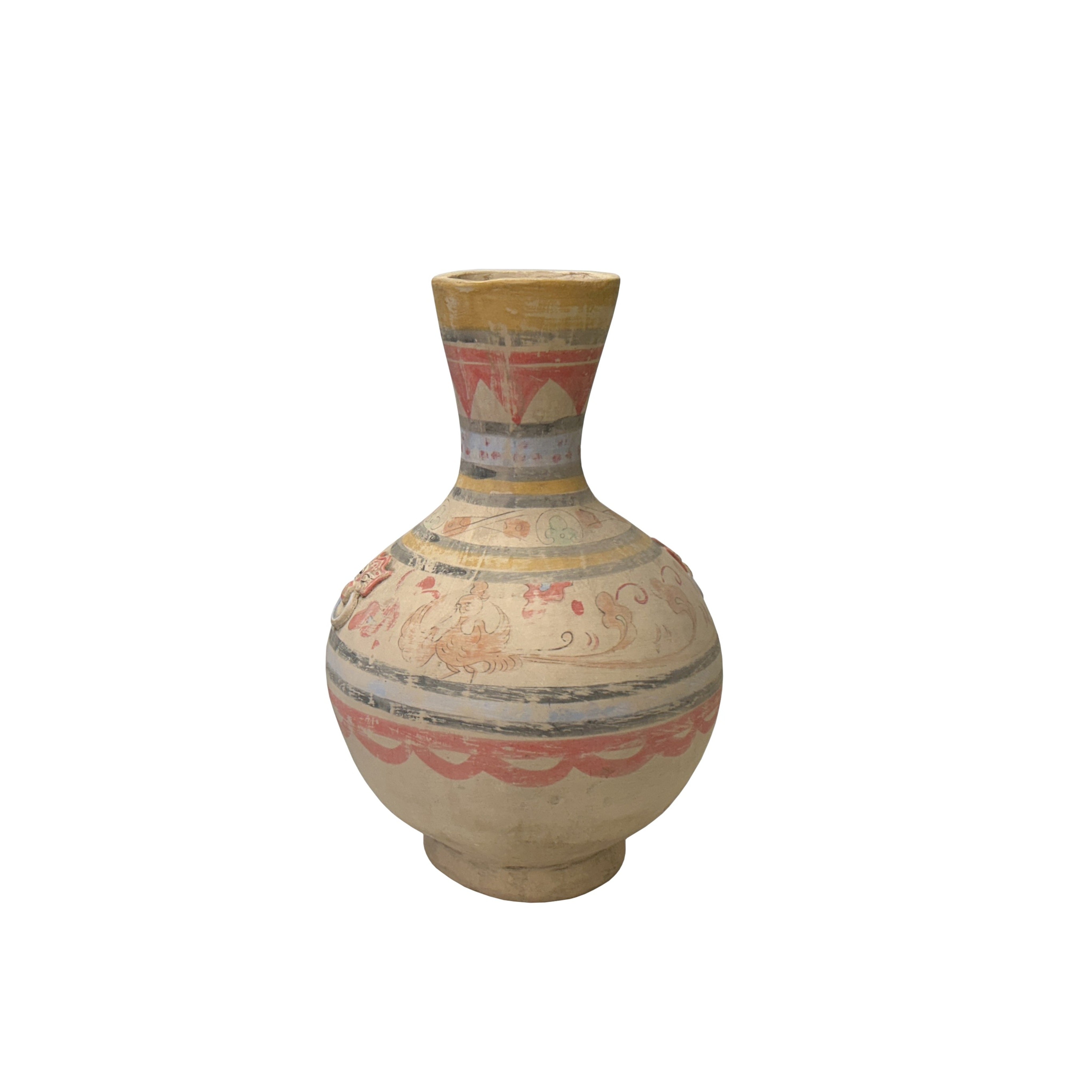 Earthy Beige Pottery Bulb Shape Faded Floral Geometric Pattern Art Vase JK213S