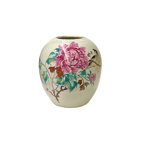 Vintage Chinese Pink Peonies Round White Porcelain Pot Vase JK232S