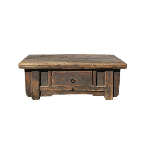 Chinese Vintage Rustic Wood Brown Drawer Low Kang Table Display Stand JK243S