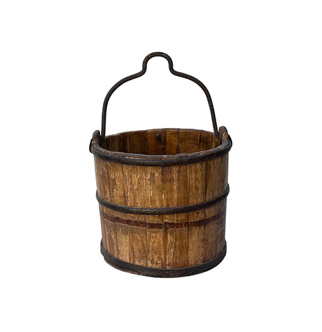 Vintage Rustic Brown Round With Iron Handle Wood Bucket JK244S