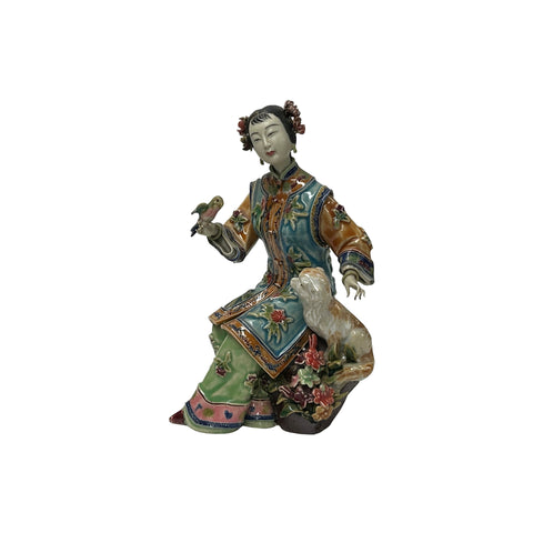 Chinese Porcelain Qing Style Dressing Bird Dog Lady Figure JK247S