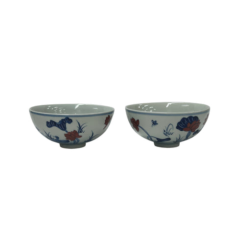 Pair Chinese Porcelain Blue White Red Flower Cup Display Art JK279S