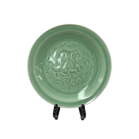 Chinese Celadon Dragon Motif Porcelain Plate Display Art jk282S