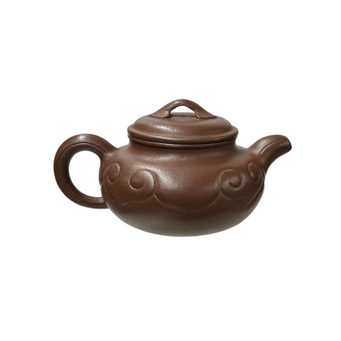 Vintage Brown Round Heart Shape Scroll Pattern Zisha Clay Teapot Art Display JK300S