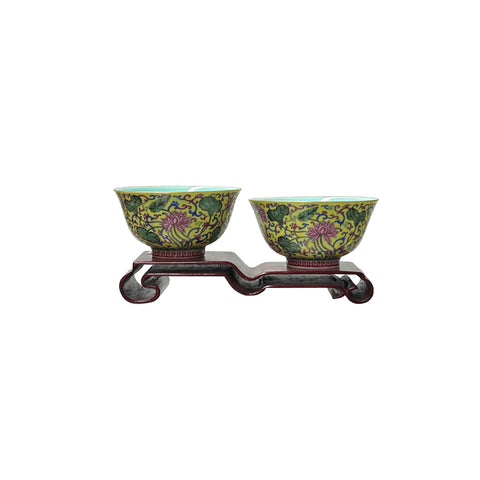 Pair Chinese Porcelain Yellow Enamel Flower Cup Display Art JK307S
