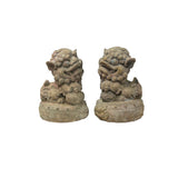 Pair Rustic Chinese Wood Foo Dog Lion Round Base FengShui Figures JK310S