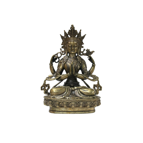 Vintage Distressed Silver Color Metal Sitting Four Arms Tara Statue JK315S