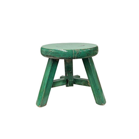 Rustic Distressed Teal Green Round Top Tri-Legs Small Short Stool Table Stand JK322S