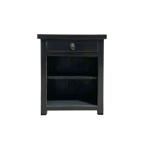 black lacquer side table - oriental simple black end table - open shelf small cabinet