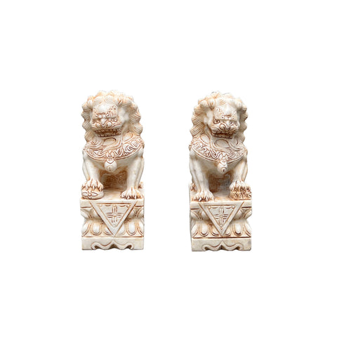 chinese tan white stone foo dogs - oriental stone lions statues - Fengshui lions statues