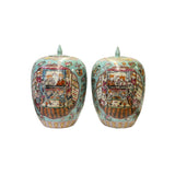 pair chinese color people graphic jars - oriental turquoise mixed color art jar
