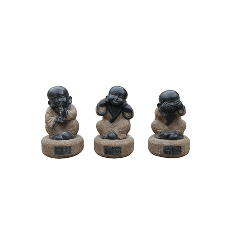 set of 3 Do no evil figures - Stone kid lohon Do no evil statues - oriental Zen garden lohon statues