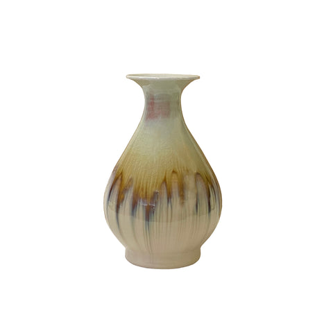 Brown Tan White Strips Ceramic Round Small Vase Ja