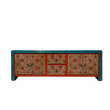 teal blue orange flower cabinet - oriental bright tv console table - low tv media center stand