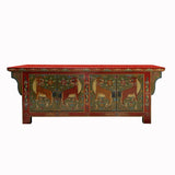 tibetan jaguar graphic tv console - oriental brick red flower low credenza