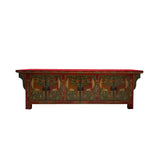 brick red green low tv console - tibetan jaguar graphic tv media stand - asian red green graphic low cabinet
