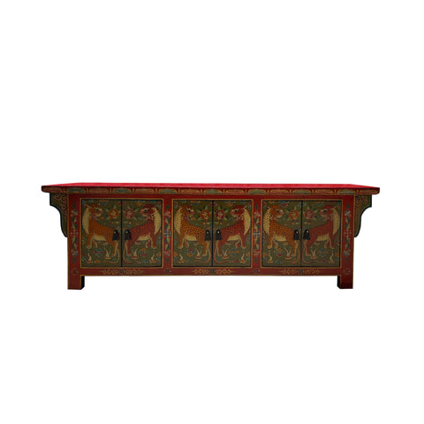 brick red green low tv console - tibetan jaguar graphic tv media stand - asian red green graphic low cabinet