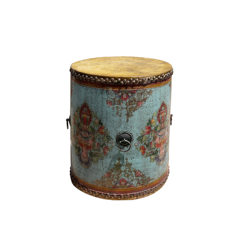 tibetan light blue drum table - asian treasure graphic blue side table