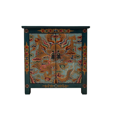 tibetan dragon graphic end table - teal turquoise nightstand 