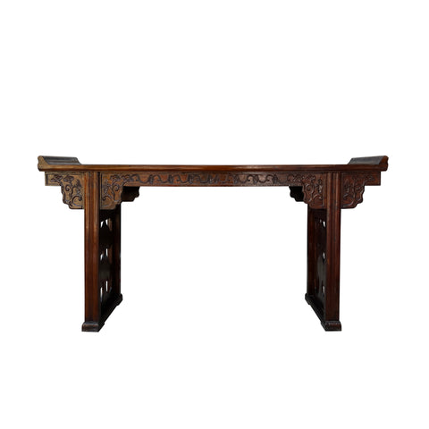 chinese brown altar table - oriental point edge altar table - floral motif brown console table
