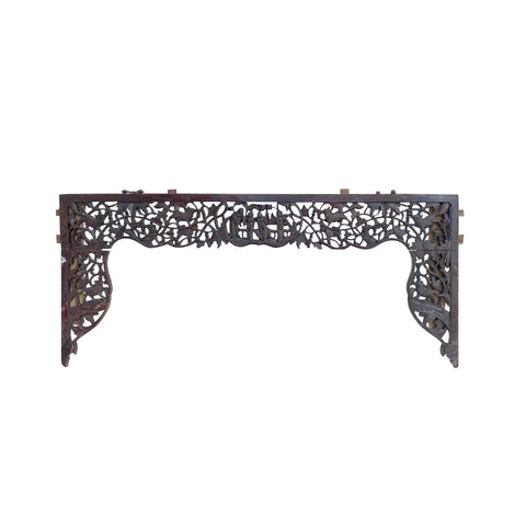 vintage wood carved wall panel - brown lacquer wood arch panel