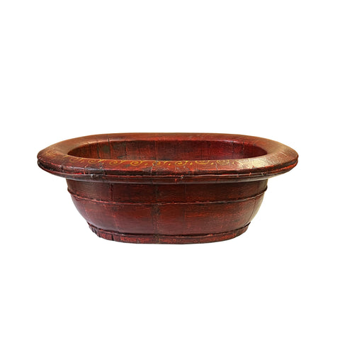 oval rustic brick red wood bucket - oriental oval wood bucket - Chinese oval red bucket