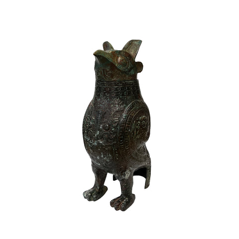 vintage owl shape green bronze vessel art - asian ancient style metal ware figure