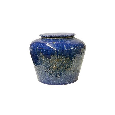 Vintage Distressed Deep Blue White Flecks Round Pottery Pot Jar Urn ws4527S
