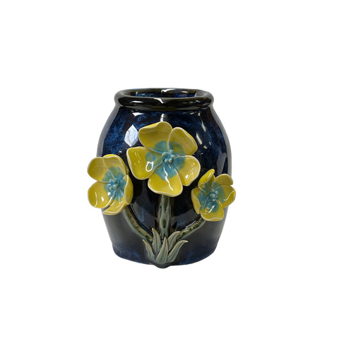 navy blue ceramic flower pots Navy Blue Glaze Dimensional Yellow Flower Holder Pot Vase ws3371S – Golden Lotus Antiques