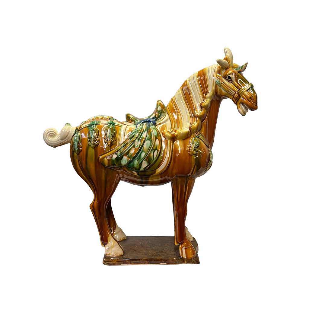 Chinese Distressed Tan Brown Color Glazed Ceramic Horse Figure